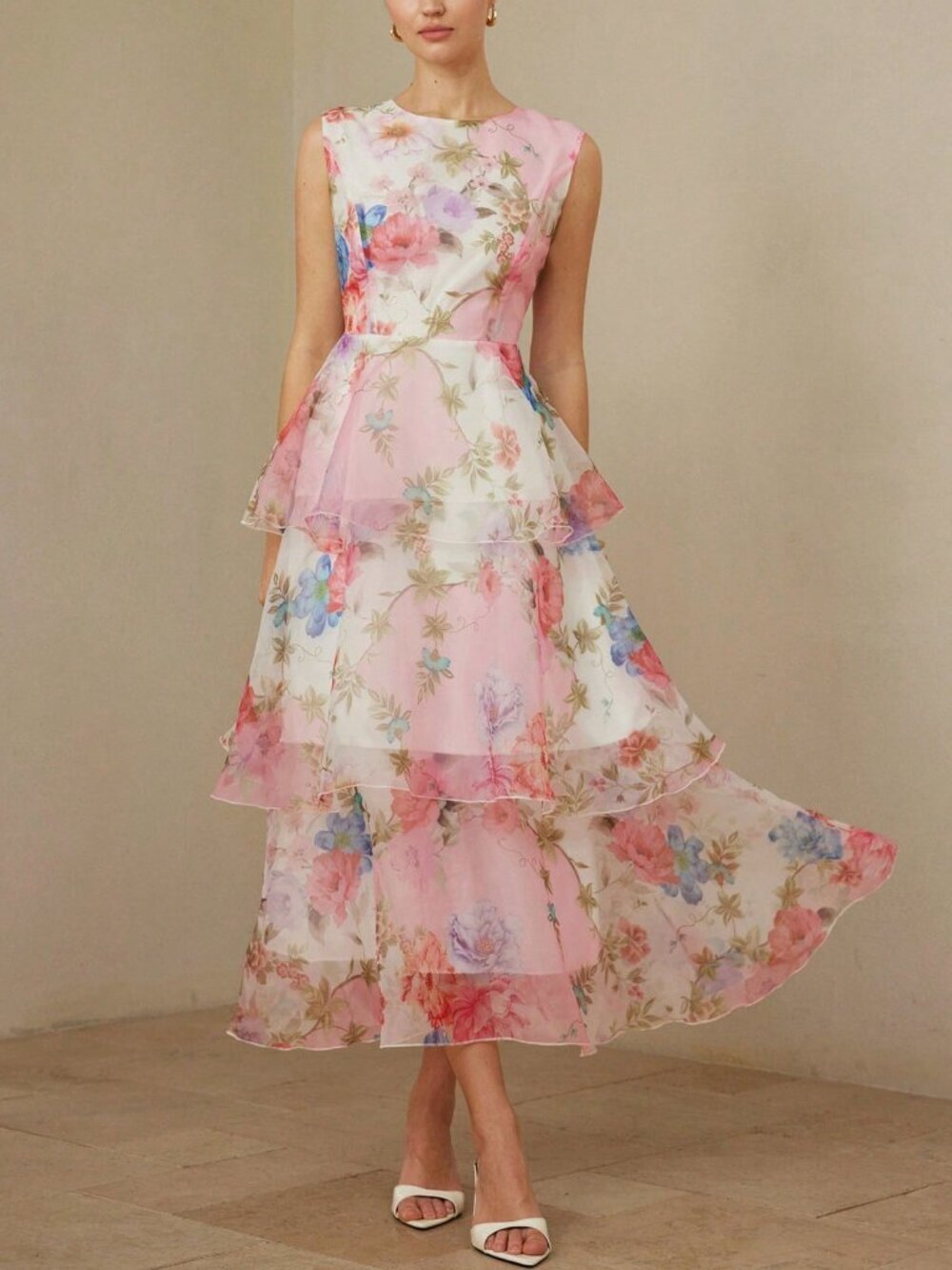 Multicolor Elegant Women's Print Round Neck Multi-Layered Sleeveless Dress